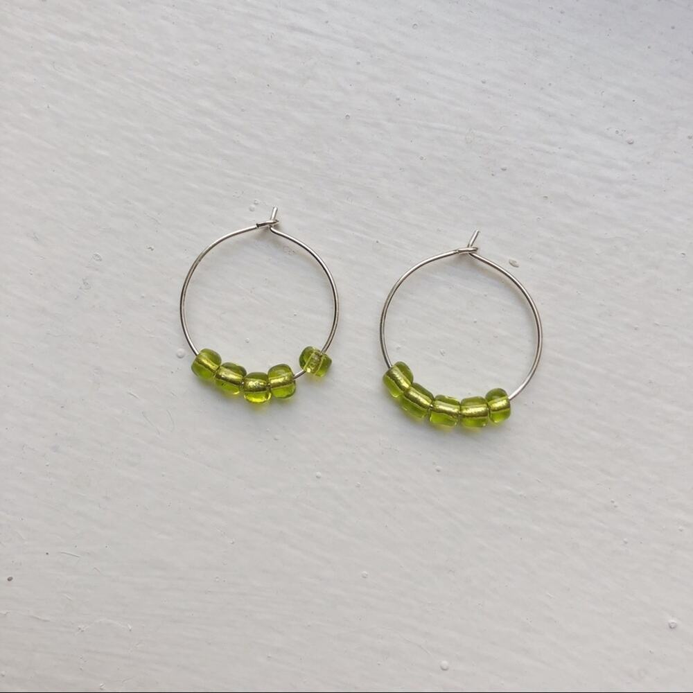 Light green handmade beaded silver hoop earrings 20mm